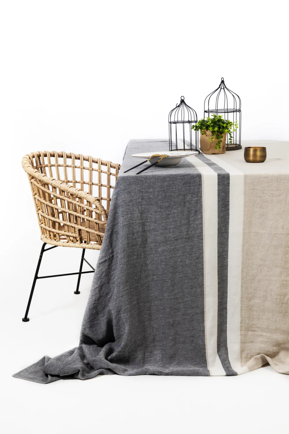 Nappe 3,00m x 3,00m Beige noir chin&eacute; - Lin